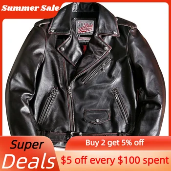 Винтажная коричневая куртка из натуральной кожи в мотоциклетном стиле для мужчин, большие размеры 3XL, осеннее приталенное байкерское пальто из натуральной воловьей кожи