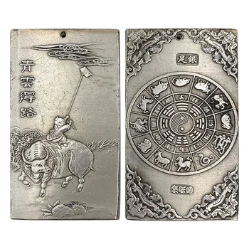 Китайский Старый Тибет Серебро Ручной Работы Крупный Рогатый Скот Зодиак Кулон Талия карта