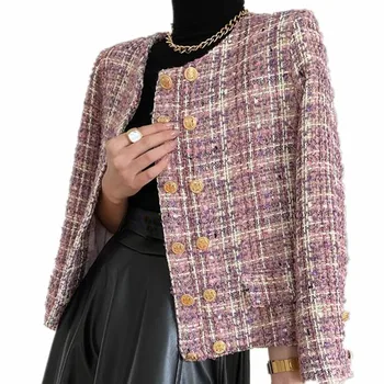 Металлические Двубортные твидовые куртки Французского производства с Небольшим Ароматом, женская Роскошная шерстяная модная верхняя одежда в клетку