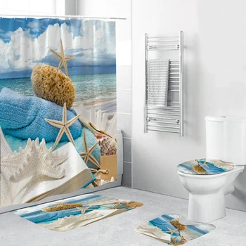Прибрежный Пляжный пейзаж, 3D печать, Водонепроницаемая Занавеска для душа, Коврик на подставке, Крышка для унитаза, коврик для ванной комнаты, набор с 12 крючками