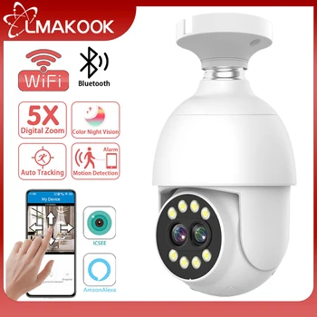 LMAKOOK 4K 8MP Двухобъективная WIFI Лампа E27 Камера с 8-Кратным Оптическим Зумом Автоматическое Отслеживание 50 М Цветная IP-камера Наблюдения Ночного Видения iCSee