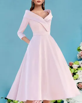 Розовое платье Трапециевидной формы для матери Невесты, Винтажное Элегантное Платье с V-образным вырезом, Атласные платья для гостей длиной до Чая, 2023, Большие размеры