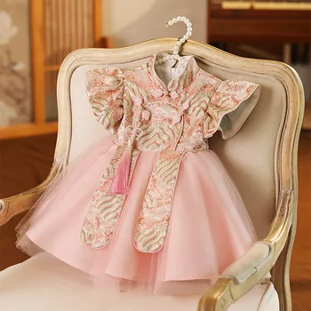Элегантное Пышное платье для девочек, Детский костюм для свадебной церемонии с цветочным Узором, Наряды На День Рождения, платье для 1-го Причастия, Детская Праздничная одежда, Платья