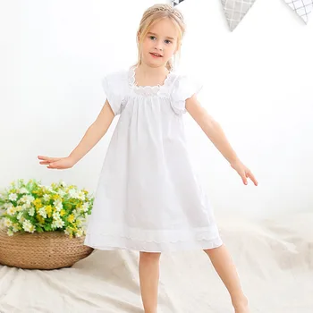 Одежда для девочек Летняя Кружевная ночная рубашка С белым V-образным воротником, Хлопковое Мягкое Длинное платье для Сна, одежда для девочек 3-10 лет