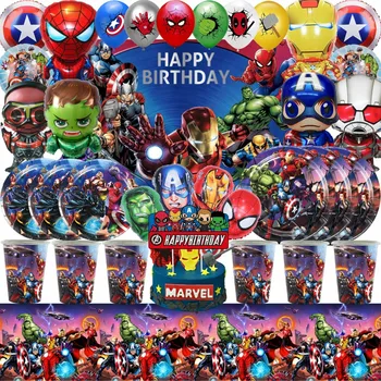 Украшения для вечеринки в честь Дня рождения Мстителей, Воздушный шар с Мультяшным Супергероем, Бумажная посуда, Фоны для душа ребенка, Принадлежности для вечеринки для мальчиков
