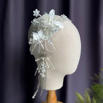 Новое свадебное украшение для волос с жемчужным цветком, многослойные серьги с жемчужными лепестками, набор повязок на голову, свадебные аксессуары для волос