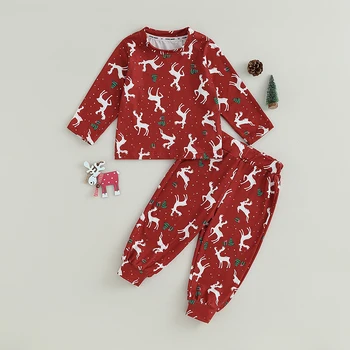 Детская рождественская одежда из 2 предметов, топы с длинными рукавами и круглым вырезом и принтом Лося + Штаны, Комплект теплой одежды для малышей