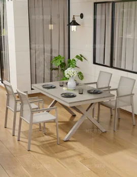 Уличные пластиковые деревянные столы и стулья, водонепроницаемый внутренний двор, комбинация для отдыха, простая открытая терраса, сад с длинным столом