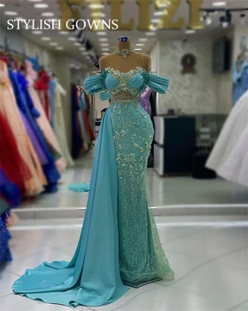 Роскошные Синие Вечерние платья с открытыми плечами, расшитое бисером, Атласное платье Arabia Dubai, женское Вечернее платье Русалки, Vestido De